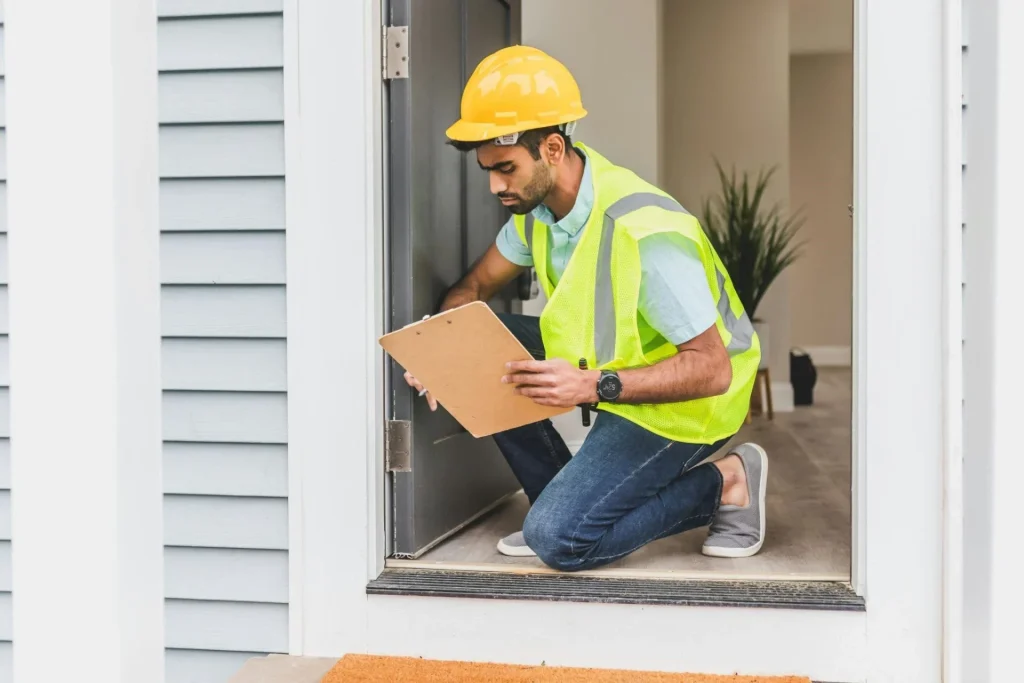 a man wearing a safety vest and holding a clipboard