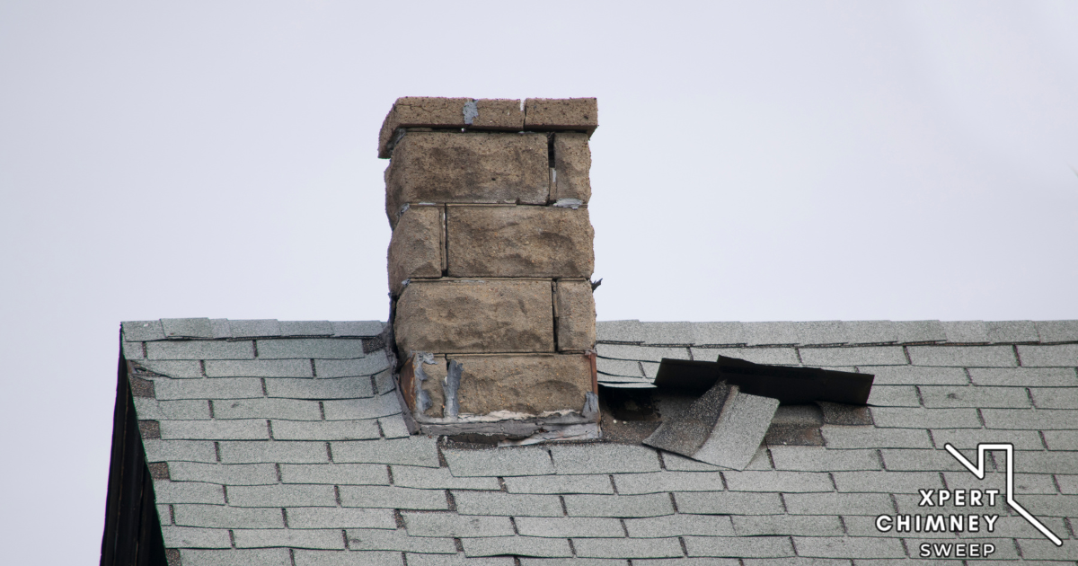Shingle damage needing chimney repair by Xpert Chimney Sweep
